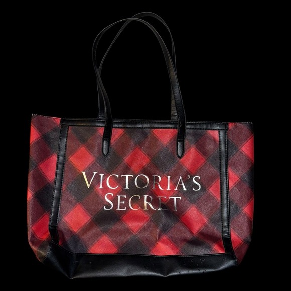 Victoria's Secret Handbags - Victoria Secret women's tote purse plaid black red Large faux leather